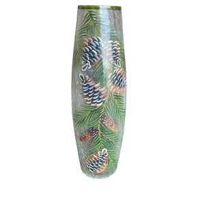 Hand‎ Painted Crackle Glass Vase Pine Cone Floral Accent Holiday Decor
